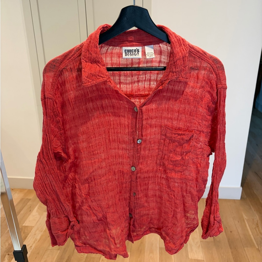 100% Linen Coral Button-Front Textured Women's Top